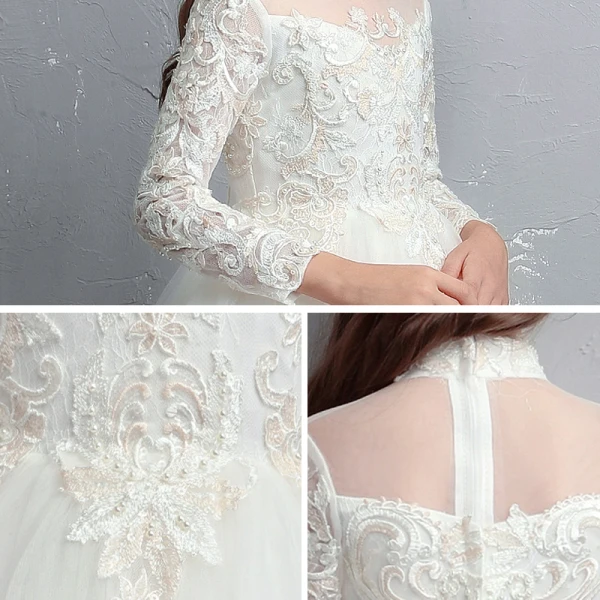 Chic / Beautiful White Flower Girl Dresses 2020 A-Line / Princess See-through High Neck Long Sleeve Appliques Lace Beading Pearl Floor-Length / Long Ruffle