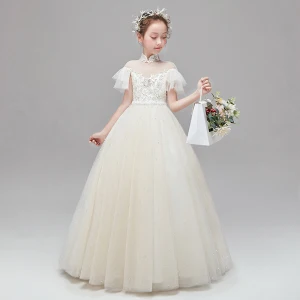 Chic Belle Champagne Robe Ceremonie Fille 2020 Princesse Transparentes Col Haut Manches Courtes Appliques En Dentelle Perlage Perle Longue Volants