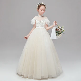 Chic Belle Champagne Robe Ceremonie Fille 2020 Princesse Transparentes Col Haut Manches Courtes Appliques En Dentelle Perlage Perle Longue Volants