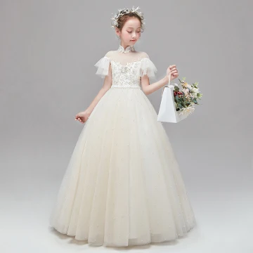Chic Beautiful Champagne Flower Girl Dresses 2020 A Line Princess See Through High Neck Short Sleeve Appliques Lace Beading Pearl Floor Length Long Ruffle