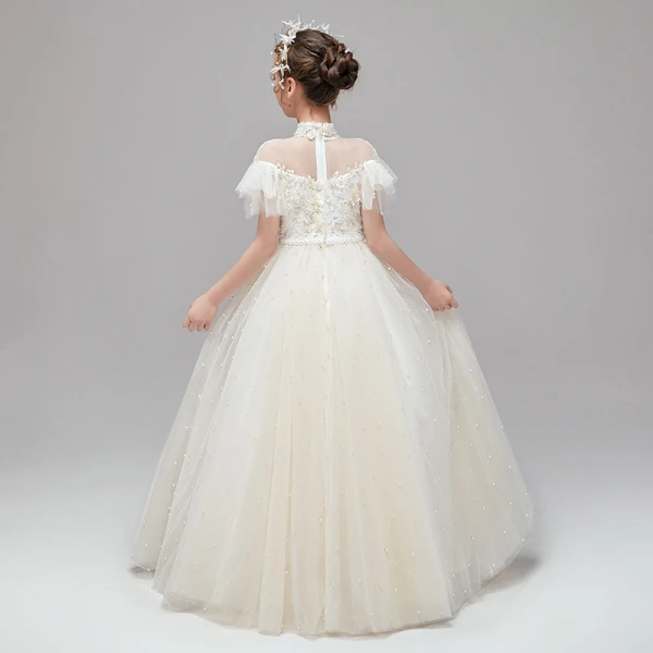 Chic / Beautiful Champagne Flower Girl Dresses 2020 A-Line / Princess See-through High Neck Short Sleeve Appliques Lace Beading Pearl Floor-Length / Long Ruffle