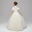 Chic / Beautiful Champagne Flower Girl Dresses 2020 A-Line / Princess See-through High Neck Short Sleeve Appliques Lace Beading Pearl Floor-Length / Long Ruffle