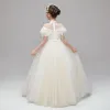 Chic / Beautiful Champagne Flower Girl Dresses 2020 A-Line / Princess See-through High Neck Short Sleeve Appliques Lace Beading Pearl Floor-Length / Long Ruffle