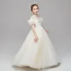 Chic / Beautiful Champagne Flower Girl Dresses 2020 A-Line / Princess See-through High Neck Short Sleeve Appliques Lace Beading Pearl Floor-Length / Long Ruffle
