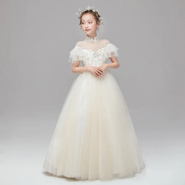 Chic / Beautiful Champagne Flower Girl Dresses 2020 A-Line / Princess See-through High Neck Short Sleeve Appliques Lace Beading Pearl Floor-Length / Long Ruffle