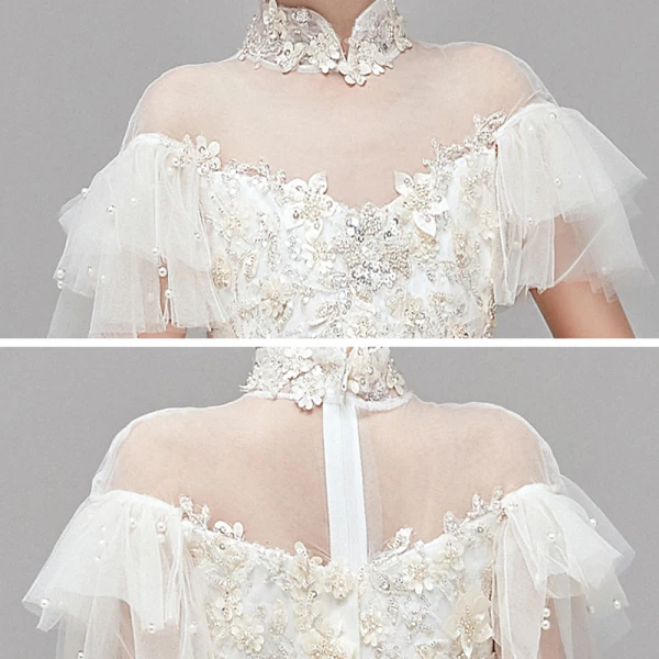 Chic / Beautiful Champagne Flower Girl Dresses 2020 A-Line / Princess See-through High Neck Short Sleeve Appliques Lace Beading Pearl Floor-Length / Long Ruffle