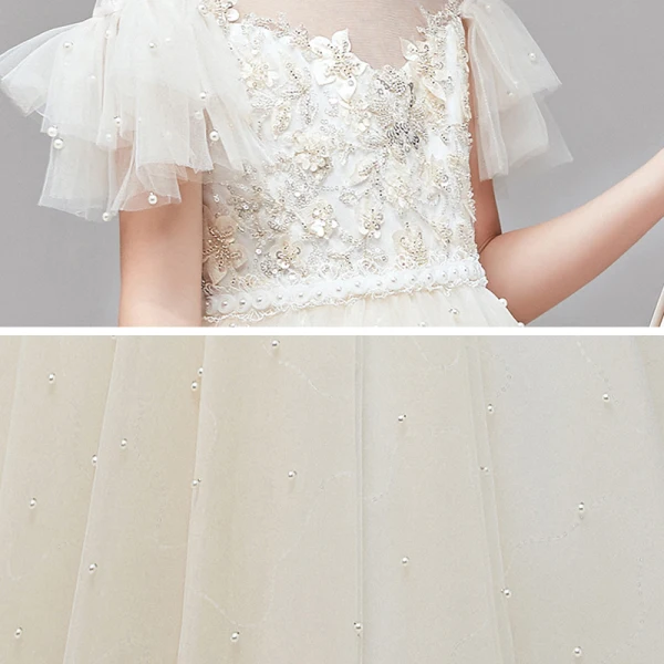 Chic / Beautiful Champagne Flower Girl Dresses 2020 A-Line / Princess See-through High Neck Short Sleeve Appliques Lace Beading Pearl Floor-Length / Long Ruffle