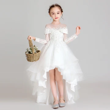 Elegante Witte Doorzichtige Bloemenmeisjes Jurken 2020 Baljurk Ronde Hals Lange Mouwen Appliques Kant Kralen Asymmetrisch Ruche