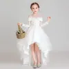 Elegant White See-through Flower Girl Dresses 2020 Ball Gown Scoop Neck Long Sleeve Appliques Lace Beading Asymmetrical Ruffle