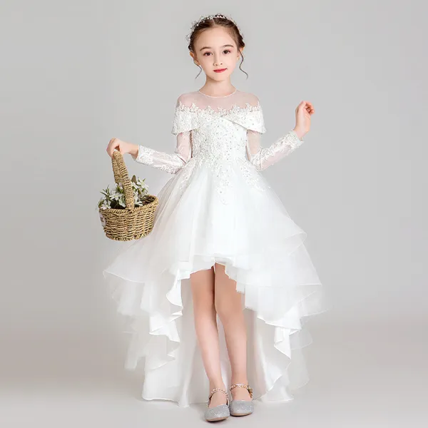 Elegantes Blanco Transparentes Vestidos para niñas 2020 Ball Gown Scoop Escote Manga Larga Apliques Con Encaje Rebordear Asimétrico Ruffle