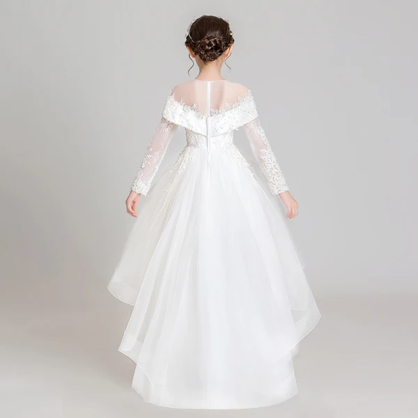 Elegant White See-through Flower Girl Dresses 2020 Ball Gown Scoop Neck Long Sleeve Appliques Lace Beading Asymmetrical Ruffle