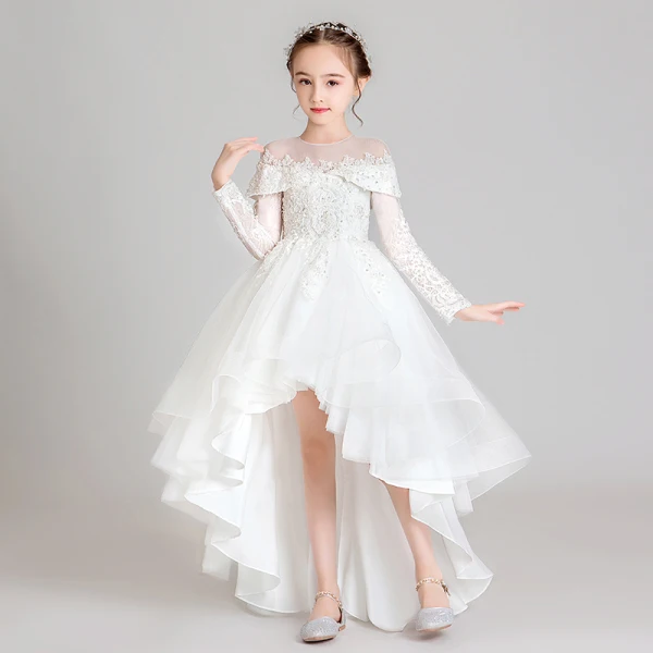 Elegant White See-through Flower Girl Dresses 2020 Ball Gown Scoop Neck Long Sleeve Appliques Lace Beading Asymmetrical Ruffle