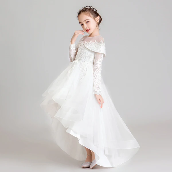 Elegant White See-through Flower Girl Dresses 2020 Ball Gown Scoop Neck Long Sleeve Appliques Lace Beading Asymmetrical Ruffle