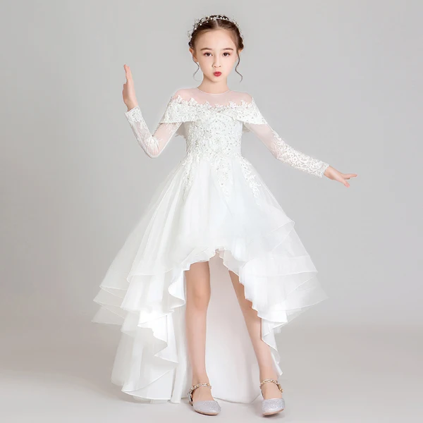 Elegant White See-through Flower Girl Dresses 2020 Ball Gown Scoop Neck Long Sleeve Appliques Lace Beading Asymmetrical Ruffle