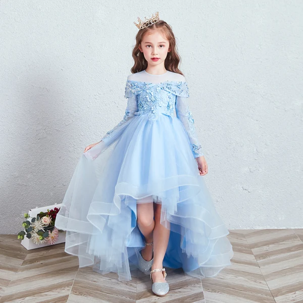 Elegant White See-through Flower Girl Dresses 2020 Ball Gown Scoop Neck Long Sleeve Appliques Lace Beading Asymmetrical Ruffle