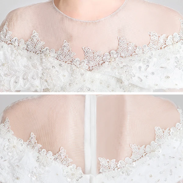 Elegant White See-through Flower Girl Dresses 2020 Ball Gown Scoop Neck Long Sleeve Appliques Lace Beading Asymmetrical Ruffle