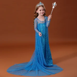 Frozen Movie Kostuum Sprookje Blauw Doorzichtige Bloemenmeisjes Jurken 2020 Prinses Ronde Hals Lange Mouwen Ruglooze Pailletten Watteau Train Ruche