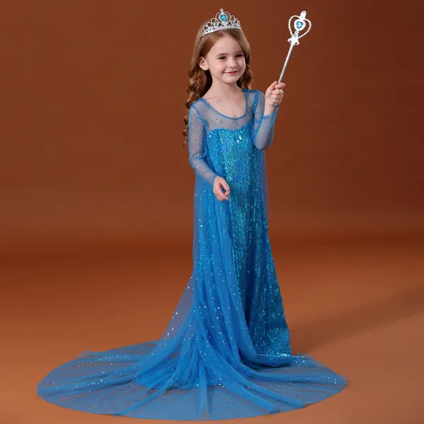 Frozen Film Kostüm Märchen Blau Durchsichtige Blumenmädchenkleider 2020 Prinzessin Rundhalsausschnitt Lange Ärmel Rückenfreies Pailletten Watteau-falte Rüschen