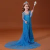Frozen film kostume Eventyr Blå Gennemsigtig Pige Kjoler 2020 Prinsesse Scoop Neck Langærmet Halterneck Pailletter Watteau Train Flæse