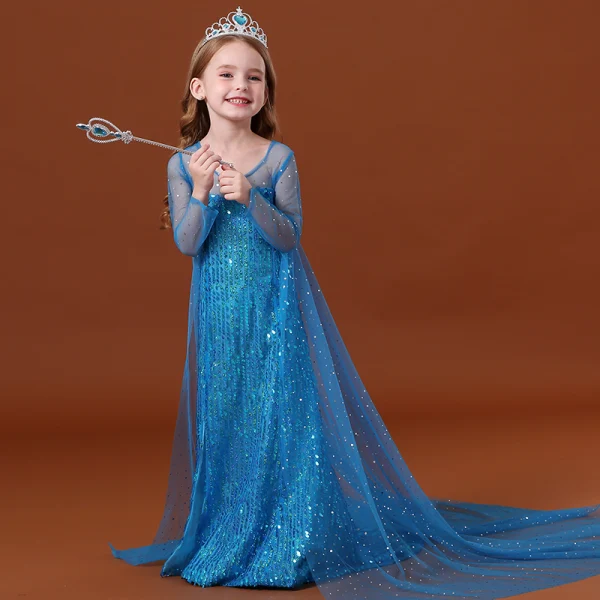 costume de film Frozen Conte de fée Bleu Transparentes Robe Ceremonie Fille 2020 Princesse Encolure Dégagée Manches Longues Dos Nu Paillettes Watteau Train Volants