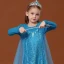 costume de film Frozen Conte de fée Bleu Transparentes Robe Ceremonie Fille 2020 Princesse Encolure Dégagée Manches Longues Dos Nu Paillettes Watteau Train Volants
