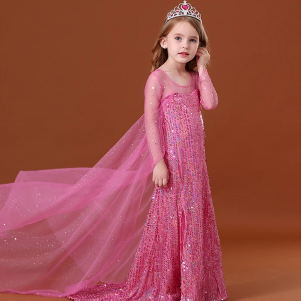 costume de film Frozen Conte de fée Bleu Transparentes Robe Ceremonie Fille 2020 Princesse Encolure Dégagée Manches Longues Dos Nu Paillettes Watteau Train Volants
