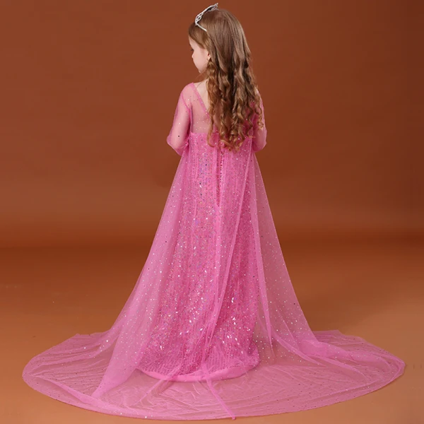 costume de film Frozen Conte de fée Bleu Transparentes Robe Ceremonie Fille 2020 Princesse Encolure Dégagée Manches Longues Dos Nu Paillettes Watteau Train Volants