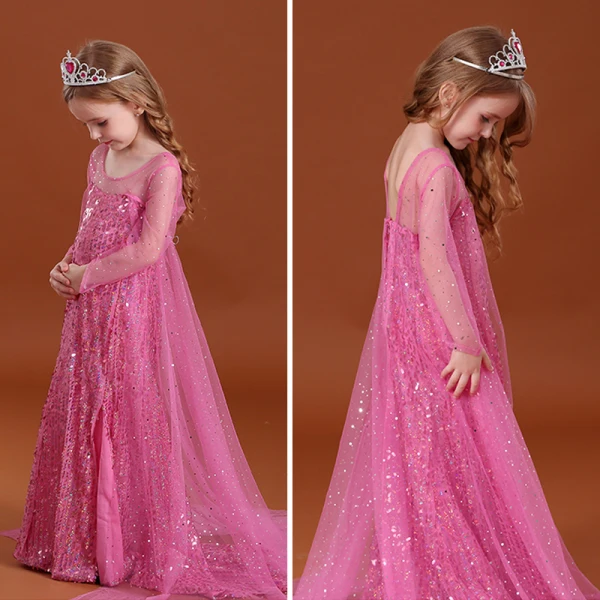 costume de film Frozen Conte de fée Bleu Transparentes Robe Ceremonie Fille 2020 Princesse Encolure Dégagée Manches Longues Dos Nu Paillettes Watteau Train Volants