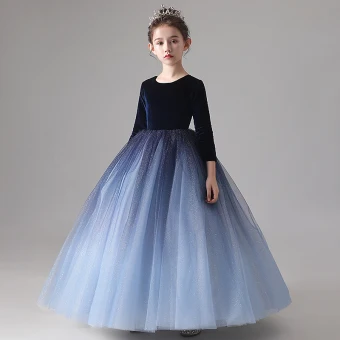 Chic Belle Bleu Marine Dégradé De Couleur Daim Hiver Anniversaire Robe Ceremonie Fille 2020 Robe Boule Encolure Dégagée 3 4 Manches Glitter Tulle Longue Volants