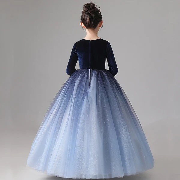 Chic / Beautiful Navy Blue Gradient-Color Suede Winter Birthday Flower Girl Dresses 2020 Ball Gown Scoop Neck 3/4 Sleeve Glitter Tulle Floor-Length / Long Ruffle