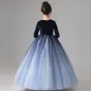 Chic / Beautiful Navy Blue Gradient-Color Suede Winter Birthday Flower Girl Dresses 2020 Ball Gown Scoop Neck 3/4 Sleeve Glitter Tulle Floor-Length / Long Ruffle