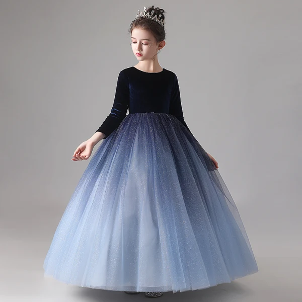 Chic / Beautiful Navy Blue Gradient-Color Suede Winter Birthday Flower Girl Dresses 2020 Ball Gown Scoop Neck 3/4 Sleeve Glitter Tulle Floor-Length / Long Ruffle