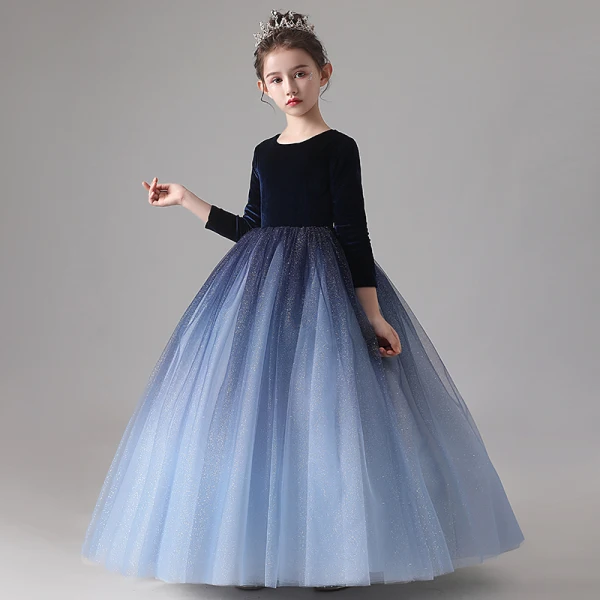 Chic / Beautiful Navy Blue Gradient-Color Suede Winter Birthday Flower Girl Dresses 2020 Ball Gown Scoop Neck 3/4 Sleeve Glitter Tulle Floor-Length / Long Ruffle