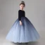 Chic / Beautiful Navy Blue Gradient-Color Suede Winter Birthday Flower Girl Dresses 2020 Ball Gown Scoop Neck 3/4 Sleeve Glitter Tulle Floor-Length / Long Ruffle