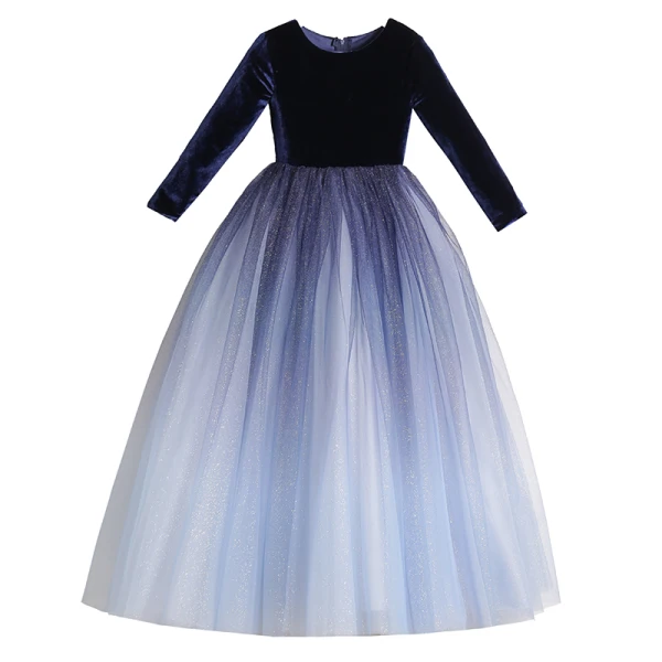 Chic / Beautiful Navy Blue Gradient-Color Suede Winter Birthday Flower Girl Dresses 2020 Ball Gown Scoop Neck 3/4 Sleeve Glitter Tulle Floor-Length / Long Ruffle