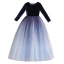 Chic / Beautiful Navy Blue Gradient-Color Suede Winter Birthday Flower Girl Dresses 2020 Ball Gown Scoop Neck 3/4 Sleeve Glitter Tulle Floor-Length / Long Ruffle