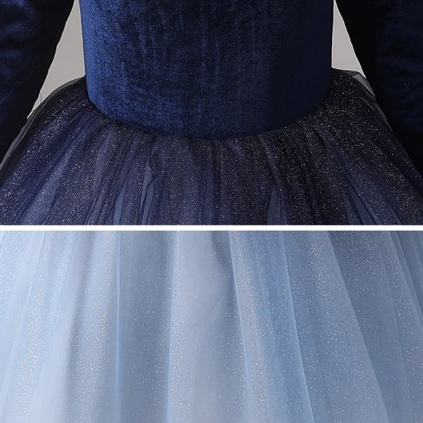 Chic / Beautiful Navy Blue Gradient-Color Suede Winter Birthday Flower Girl Dresses 2020 Ball Gown Scoop Neck 3/4 Sleeve Glitter Tulle Floor-Length / Long Ruffle