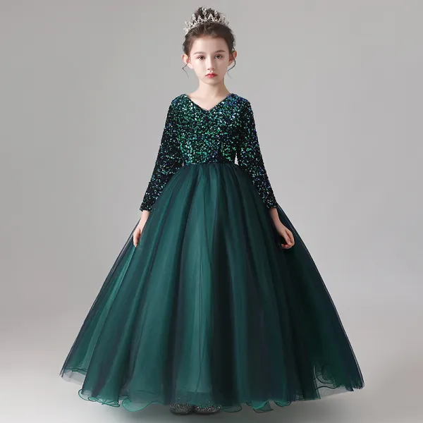 Chic / Beautiful Dark Green Flower Girl Dresses 2020 Ball Gown Scoop Neck Long Sleeve Sequins Floor-Length / Long Ruffle