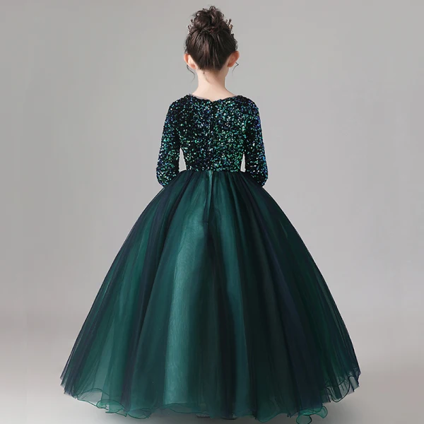Chic / Beautiful Dark Green Flower Girl Dresses 2020 Ball Gown Scoop Neck Long Sleeve Sequins Floor-Length / Long Ruffle