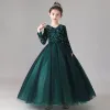 Chic / Beautiful Dark Green Flower Girl Dresses 2020 Ball Gown Scoop Neck Long Sleeve Sequins Floor-Length / Long Ruffle