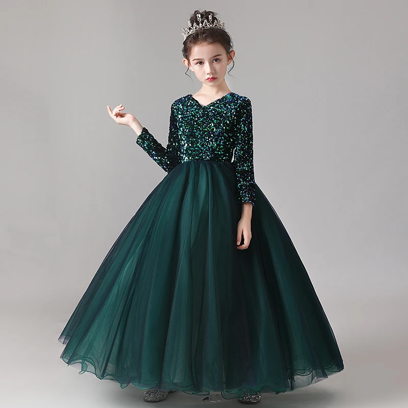 Chic Beautiful Dark Green Flower Girl Dresses 2020 Ball Gown Scoop Neck Long Sleeve Long