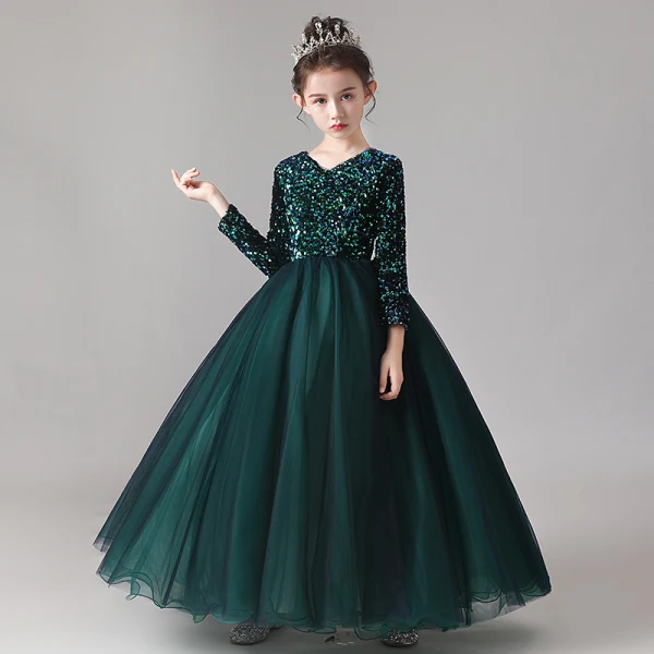 Chic / Beautiful Dark Green Flower Girl Dresses 2020 Ball Gown Scoop Neck Long Sleeve Sequins Floor-Length / Long Ruffle
