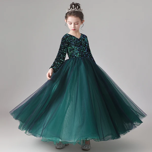 Chic / Beautiful Dark Green Flower Girl Dresses 2020 Ball Gown Scoop Neck Long Sleeve Sequins Floor-Length / Long Ruffle