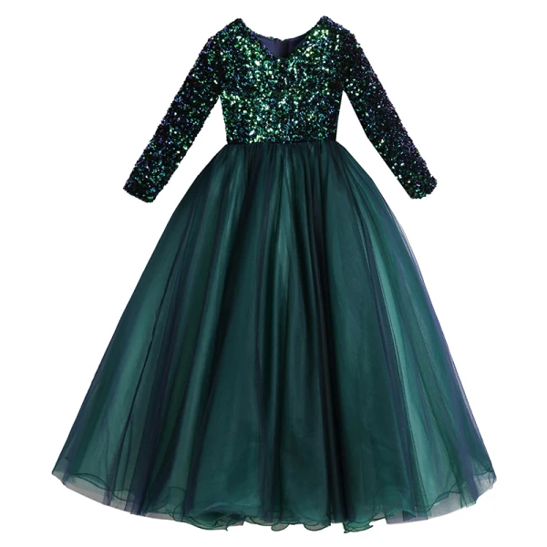 Chic / Beautiful Dark Green Flower Girl Dresses 2020 Ball Gown Scoop Neck Long Sleeve Sequins Floor-Length / Long Ruffle
