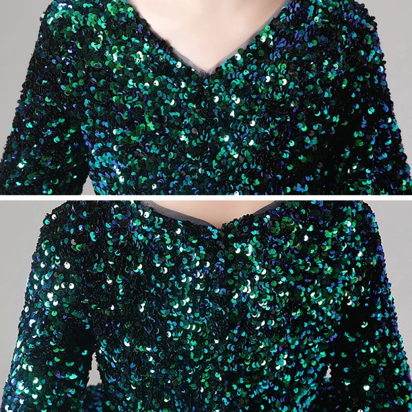 Chic / Beautiful Dark Green Flower Girl Dresses 2020 Ball Gown Scoop Neck Long Sleeve Sequins Floor-Length / Long Ruffle