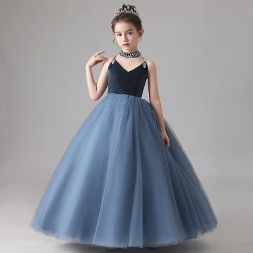 Fashion Navy Blue Birthday Flower Girl Dresses 2020 Ball Gown Spaghetti Straps Sleeveless Backless Sequins Beading Floor Length Long Ruffle