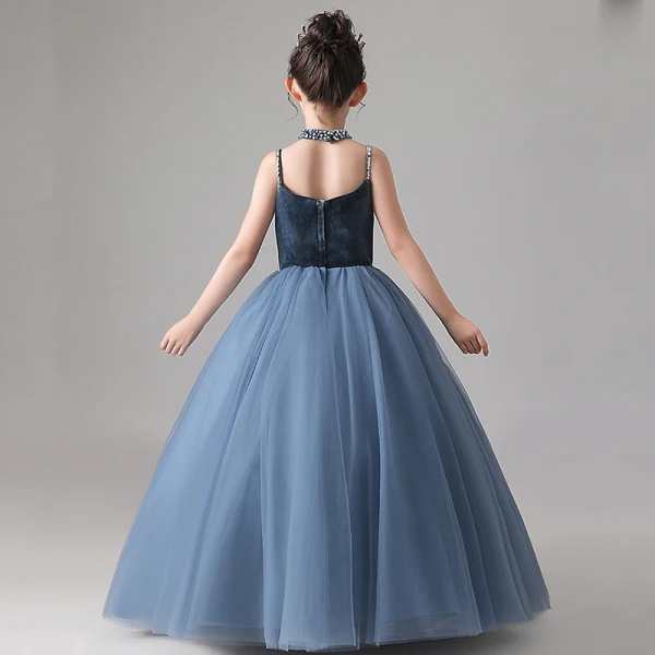 Fashion Navy Blue Birthday Flower Girl Dresses 2020 Ball Gown Spaghetti Straps Sleeveless Backless Sequins Beading Floor-Length / Long Ruffle