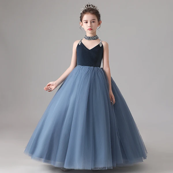 Fashion Navy Blue Birthday Flower Girl Dresses 2020 Ball Gown Spaghetti Straps Sleeveless Backless Sequins Beading Floor-Length / Long Ruffle