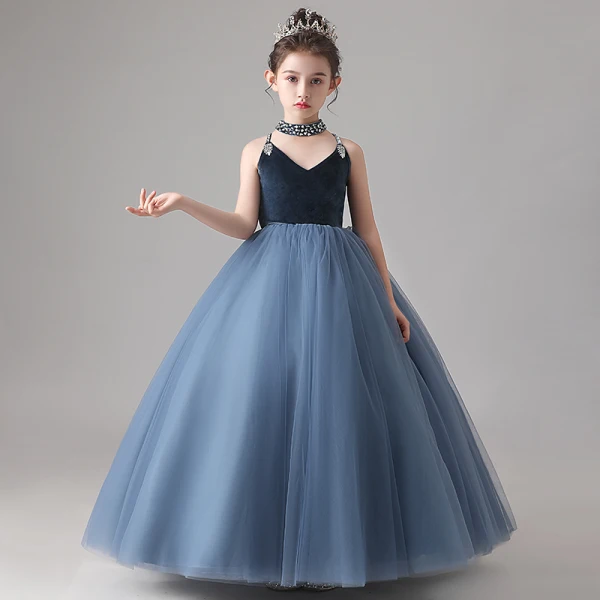Fashion Navy Blue Birthday Flower Girl Dresses 2020 Ball Gown Spaghetti Straps Sleeveless Backless Sequins Beading Floor-Length / Long Ruffle