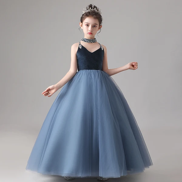 Fashion Navy Blue Birthday Flower Girl Dresses 2020 Ball Gown Spaghetti Straps Sleeveless Backless Sequins Beading Floor-Length / Long Ruffle
